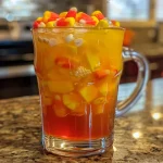 A close-up side view of a glass filled with colorful Candy Corn Punch topped with ice cream and candy corn.