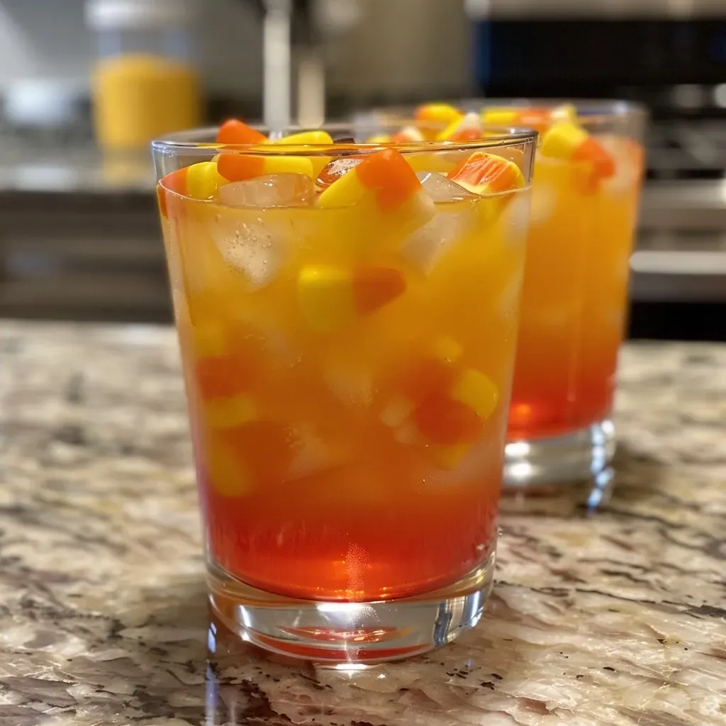 Juicy Candy Corn Punch displayed in a glass, showcasing layers of color.
