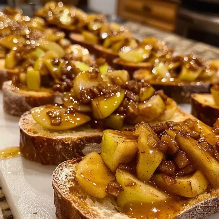 Delightful Caramel Apple Bruschetta: A Festive Twist on a Classic Close-up of sliced caramel apple bruschetta with apples and caramel drizzle on toasted bread.