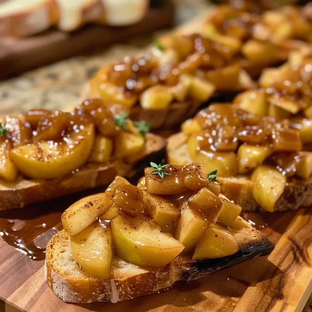 Side view of caramel apple bruschetta featuring fresh apples and caramel sauce on crispy baguette slices.