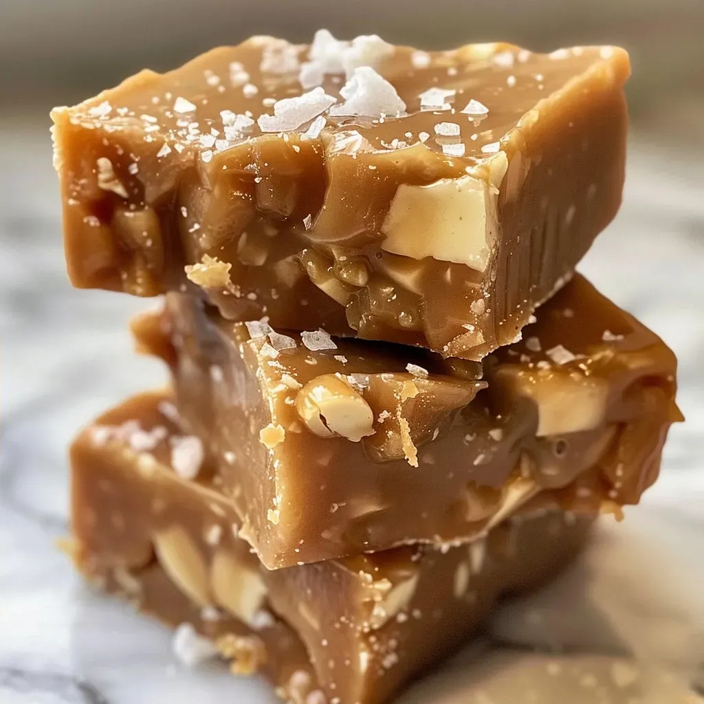 Side view of a decadent square of caramel apple cider fudge with a drizzle of caramel on top.