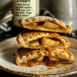 A close-up side view of golden-brown caramel apple hand pies, with visible apple filling peeking out.