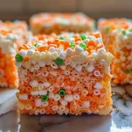 Close-up view of colorful Carrot Rice Krispie Treats with green fruit leather tops.