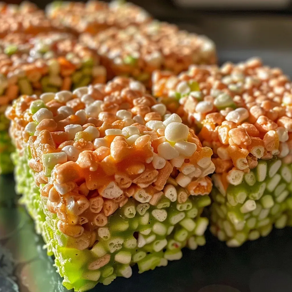 Slice of vibrant orange Carrot Rice Krispie Treat, showcasing gooey marshmallows and cereal.