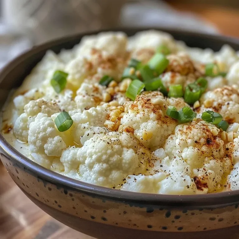Close-up of creamy cauliflower puree in a bowl, garnished with green onions.