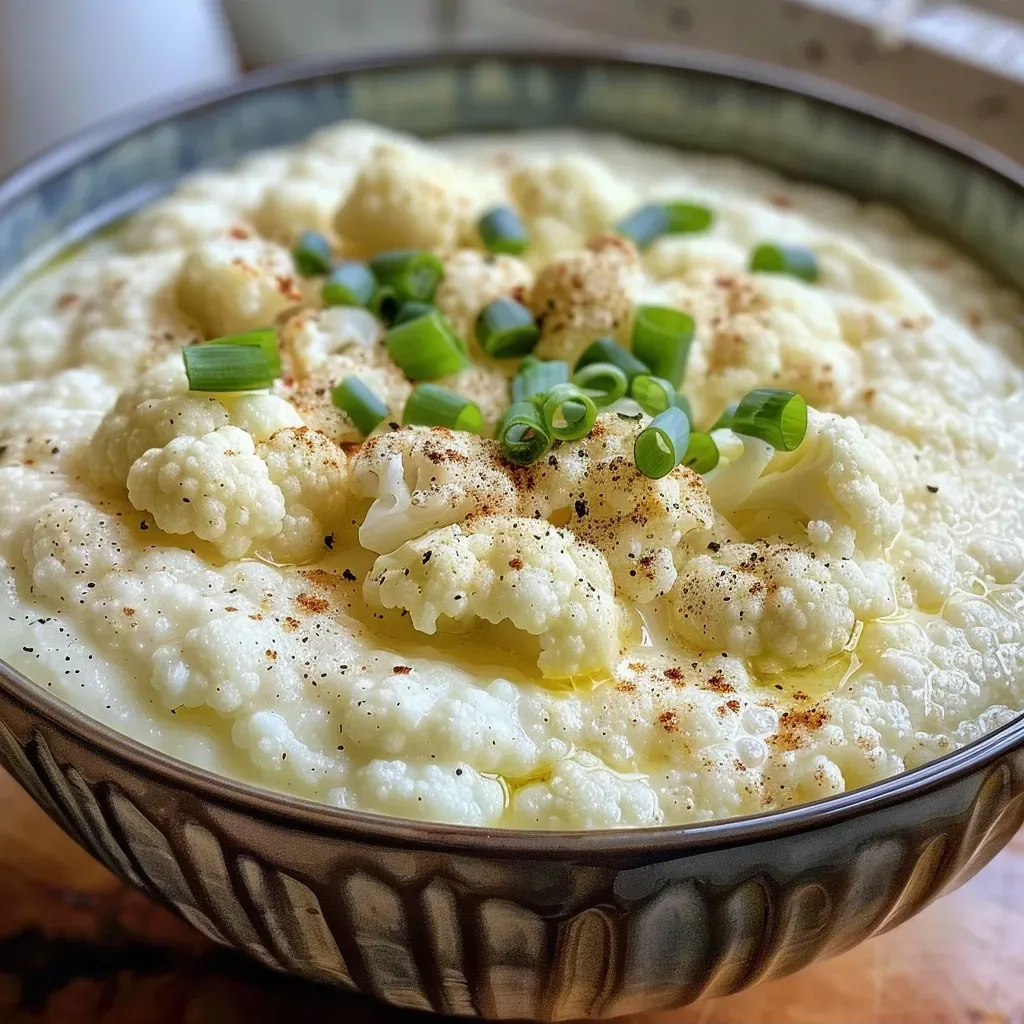 Side view of a serving of cauliflower puree, smooth texture and white color.