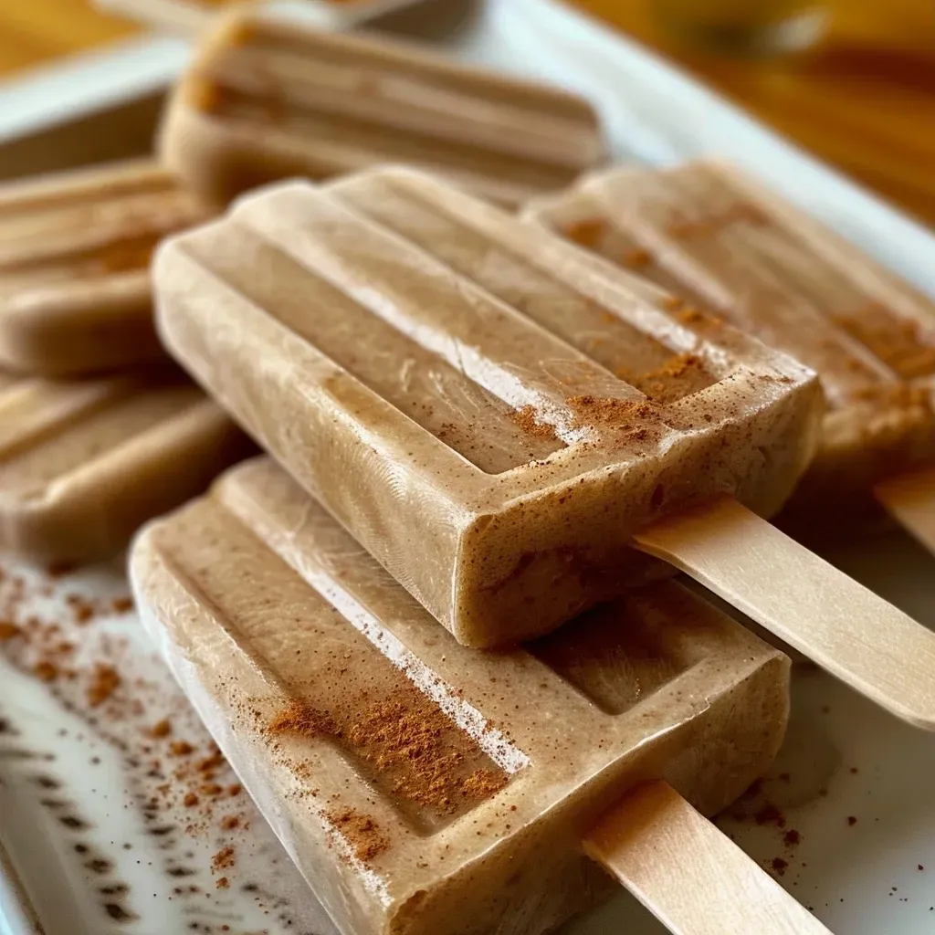 Close-up of a Chai popsicle melting with a wooden stick.