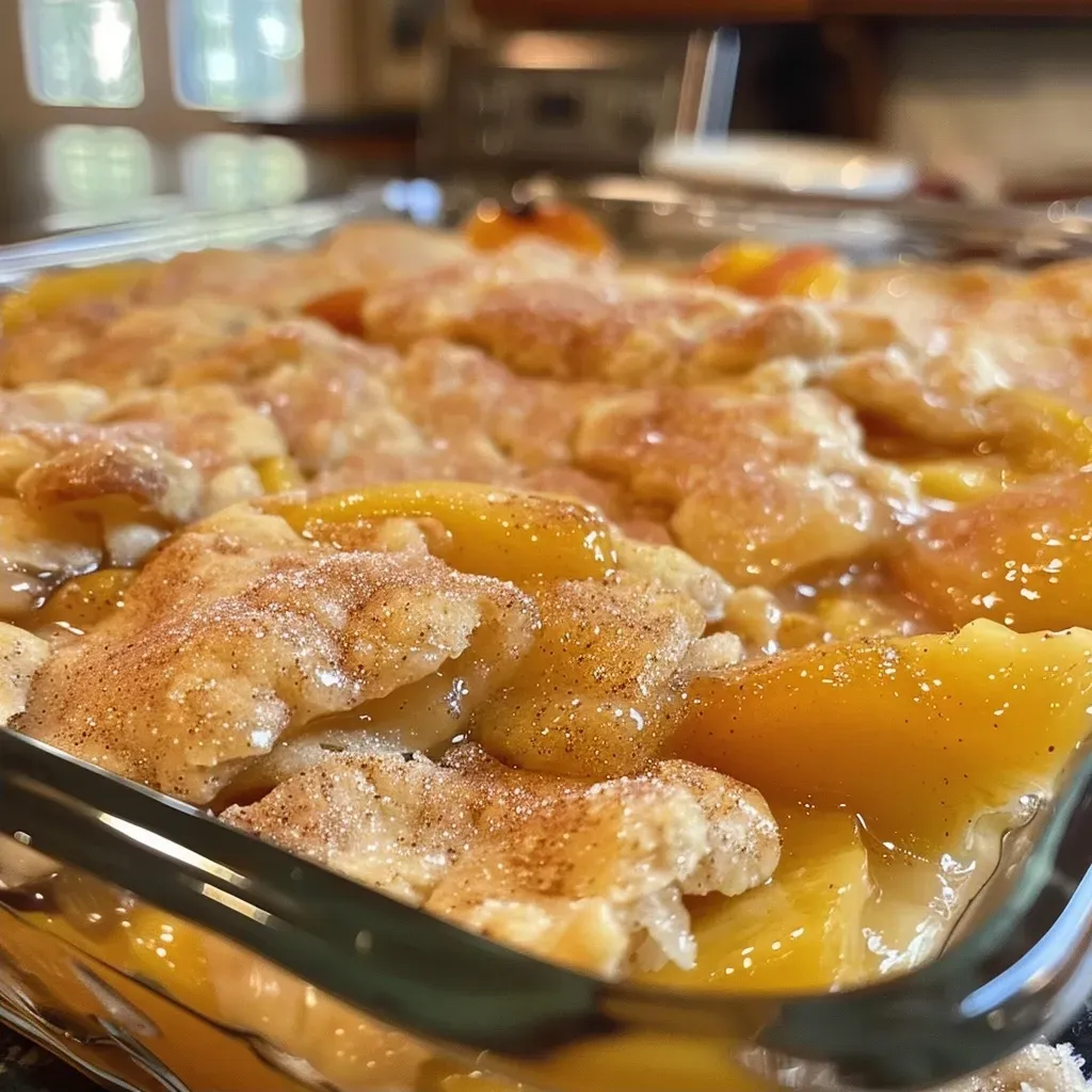 Side view of a delicious Chai Snickerdoodle Peach Cobbler, highlighting its crumbly topping and peach slices.