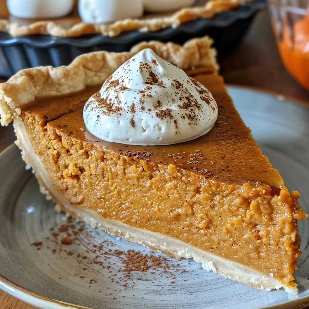 A deliciously spiced pumpkin pie with a flaky crust, captured from the side.