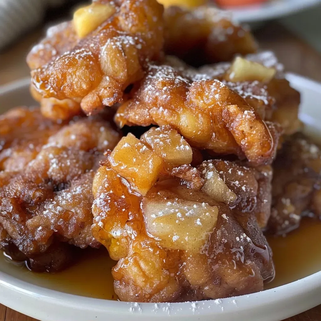 Side view of golden-brown apple cider fritters topped with a shiny glaze.