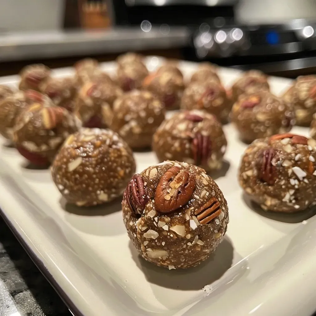 Close-up view of Chai Spiced Energy Bites arranged on a white surface.