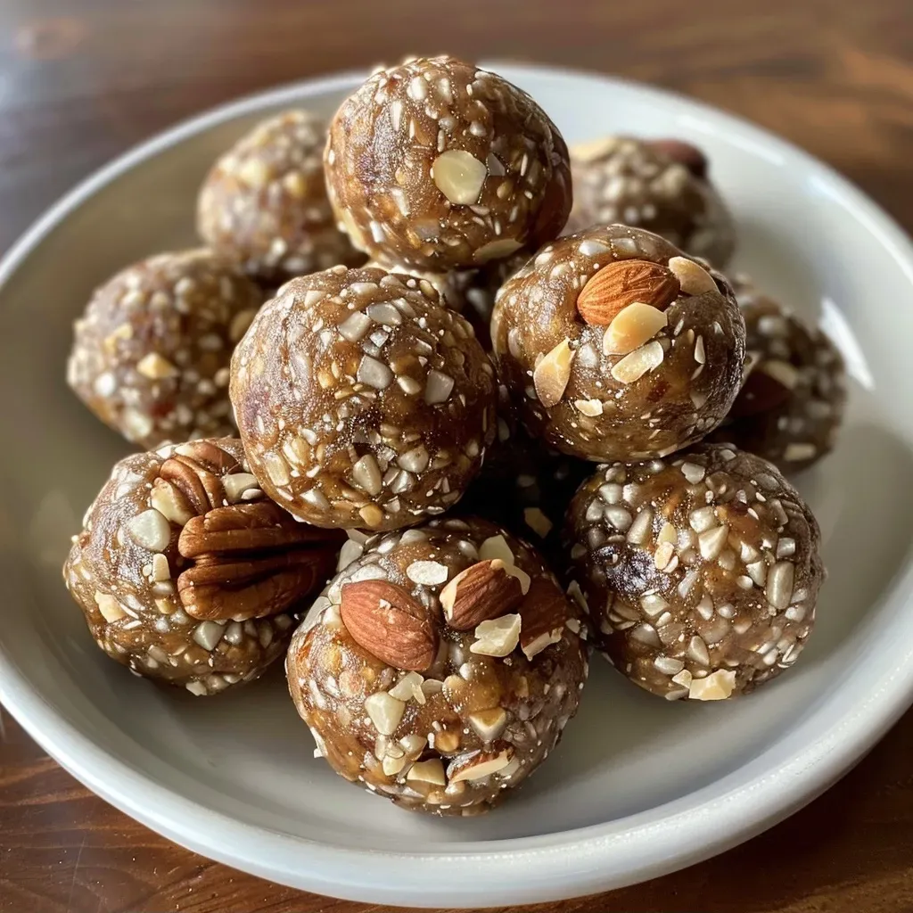 Side view of delicious Chai Spiced Energy Bites with a sprinkle of spices around them.