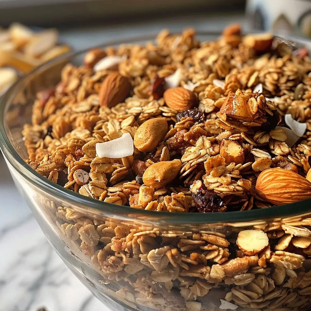 Side view of a bowl filled with crunchy granola featuring almond and pecan pieces.