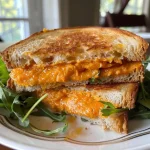 A close-up side view of a Cheddar Pumpkin Grilled Cheese sandwich with melted cheese oozing out.