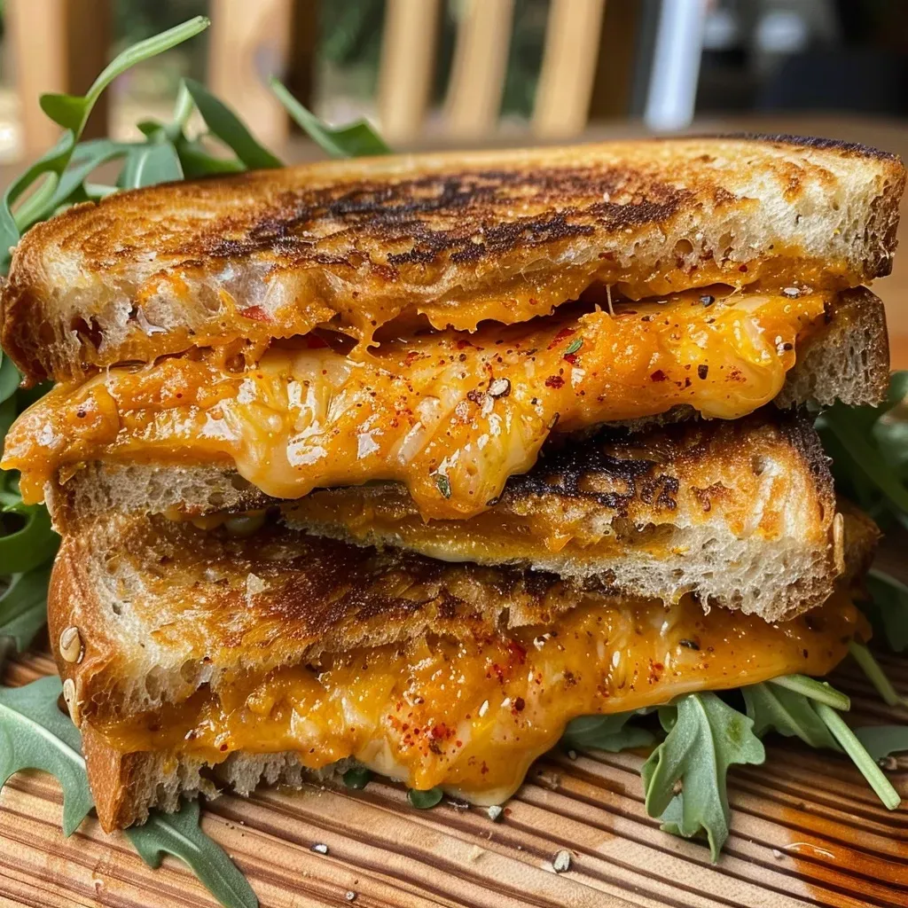 Juicy grilled cheese sandwich featuring cheddar and pumpkin, set against a simple background.