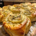 Close-up of cheesy garlic swirl rolls showing a golden-brown crust and melted cheese.