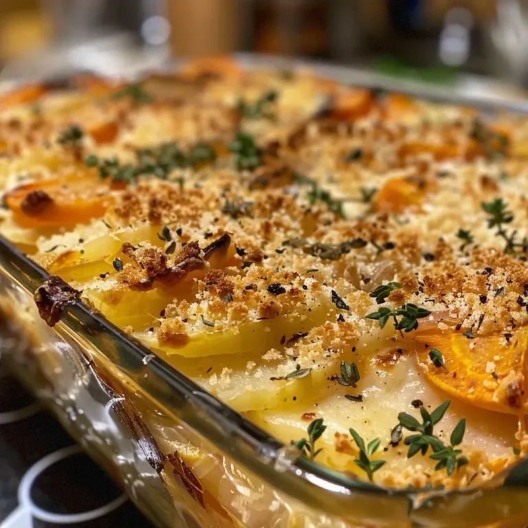 Transforming Roots: A Comforting Cheesy Gratin That Shines Close-up view of a cheesy root vegetable gratin with bubbling cheese and golden crust.