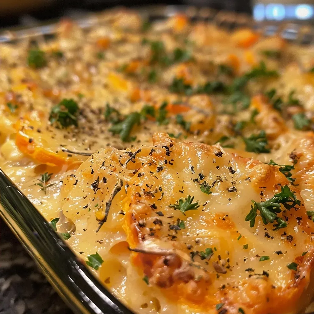 Side view of a baked cheesy root vegetable gratin showcasing layered vegetables and melted cheese.