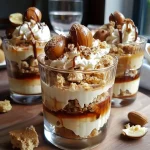 Close-up side view of a chestnut cream verrine with whipped cream and marron garnish.