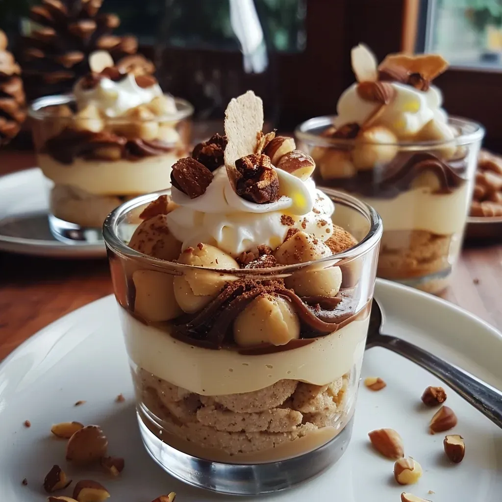 Delicious layered dessert in a glass featuring chestnut cream and crushed biscuits.