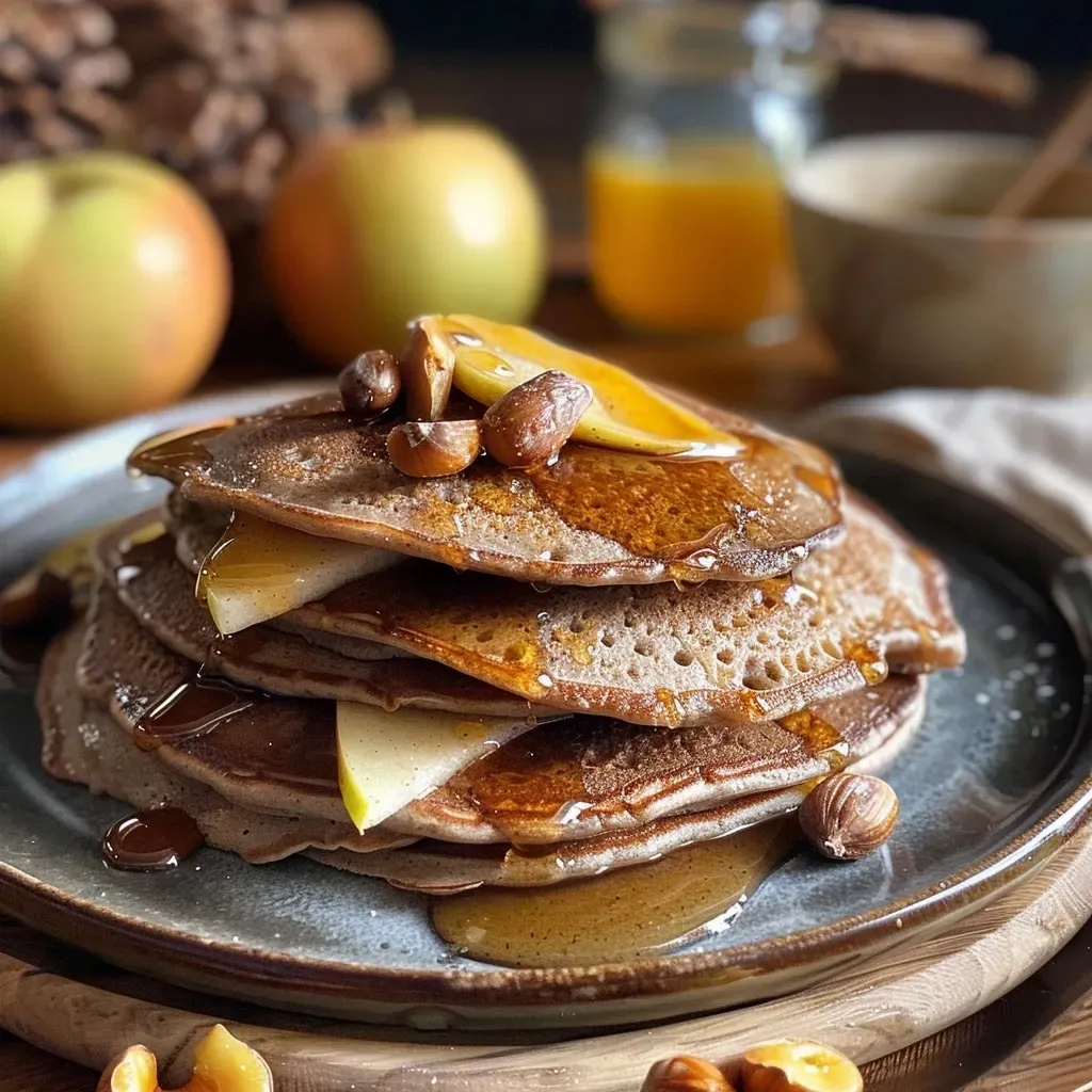 Close-up view of apple pancakes made with chestnut flour, topped with caramelized chestnuts.