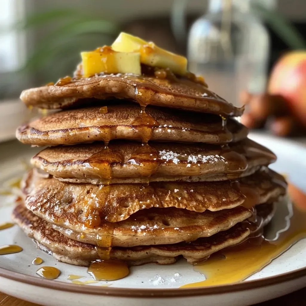 Side view of stacked apple pancakes featuring caramelized chestnuts, showcasing their fluffy texture.