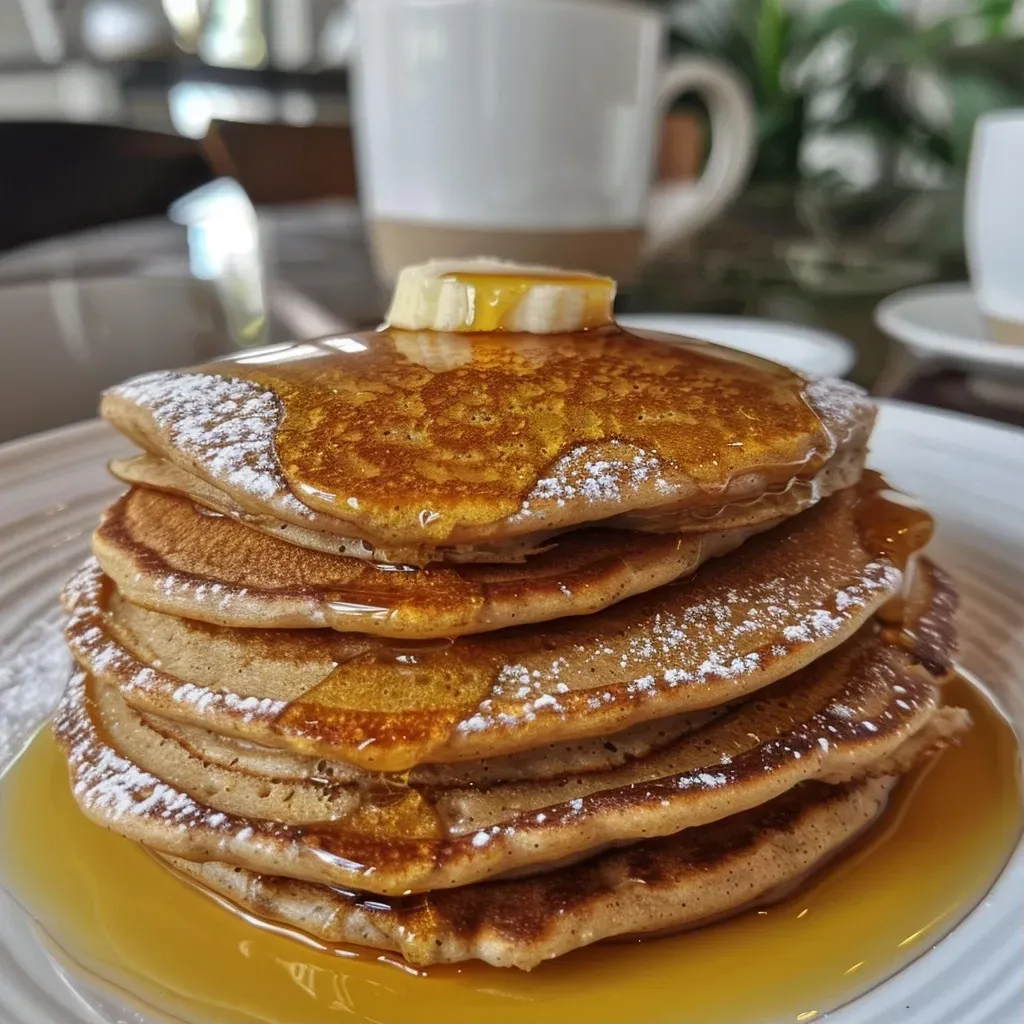 Close-up view of chestnut flour pancakes stacked on a plate with a drizzle of honey.