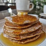 Close-up of golden-brown chestnut flour pancakes stacked on a plate.