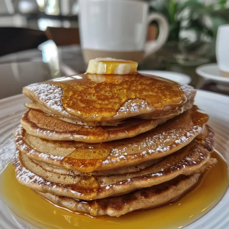 Close-up of golden-brown chestnut flour pancakes stacked on a plate.