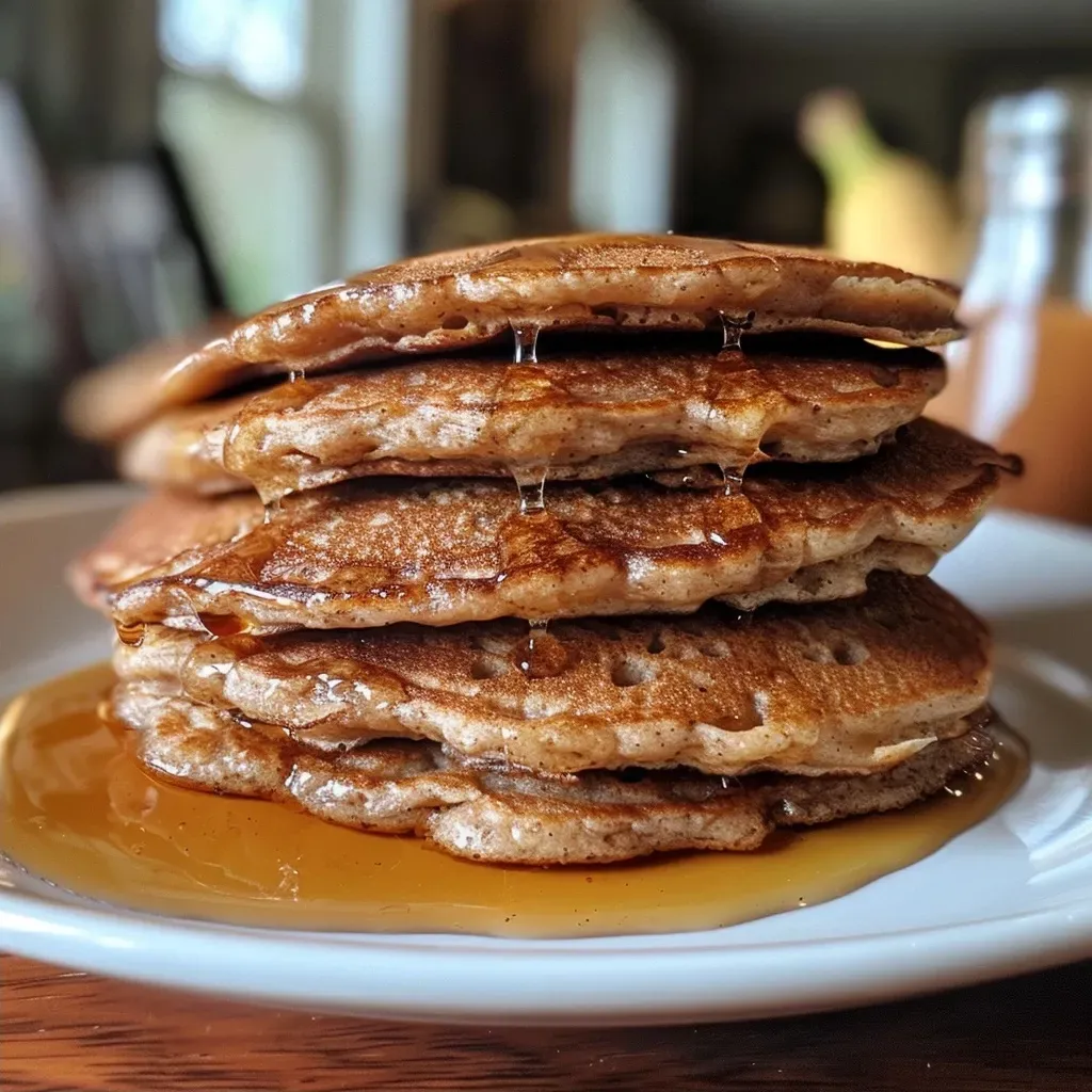 Side view of fluffy chestnut flour pancakes drizzled with syrup.