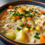 Close-up view of creamy Chicken Corn Chowder with vegetables and chicken pieces.