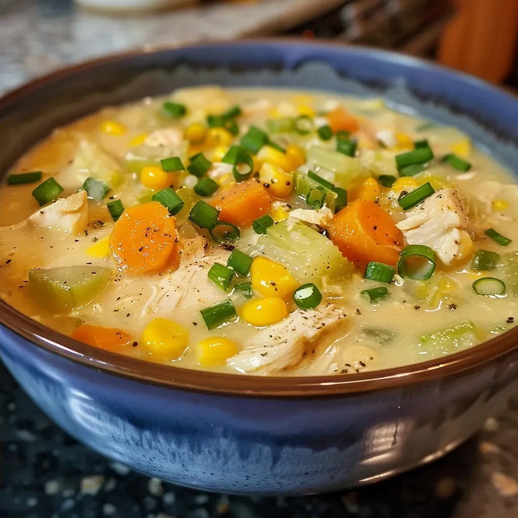Side view of Chicken Corn Chowder showcasing vibrant corn and diced vegetables.