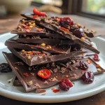 Close-up of Chili Pepper Chocolate Bark with dried cherries and red pepper flakes.