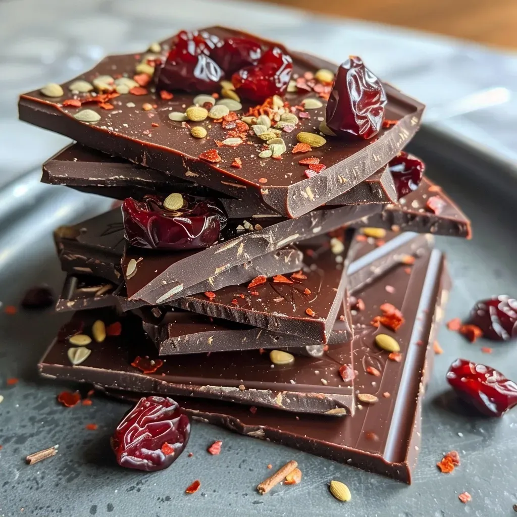 Side view of spiced chocolate bark featuring red chili and cherry pieces.