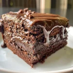 Close-up view of a moist chocolate zucchini cake slice with visible zucchini pieces.