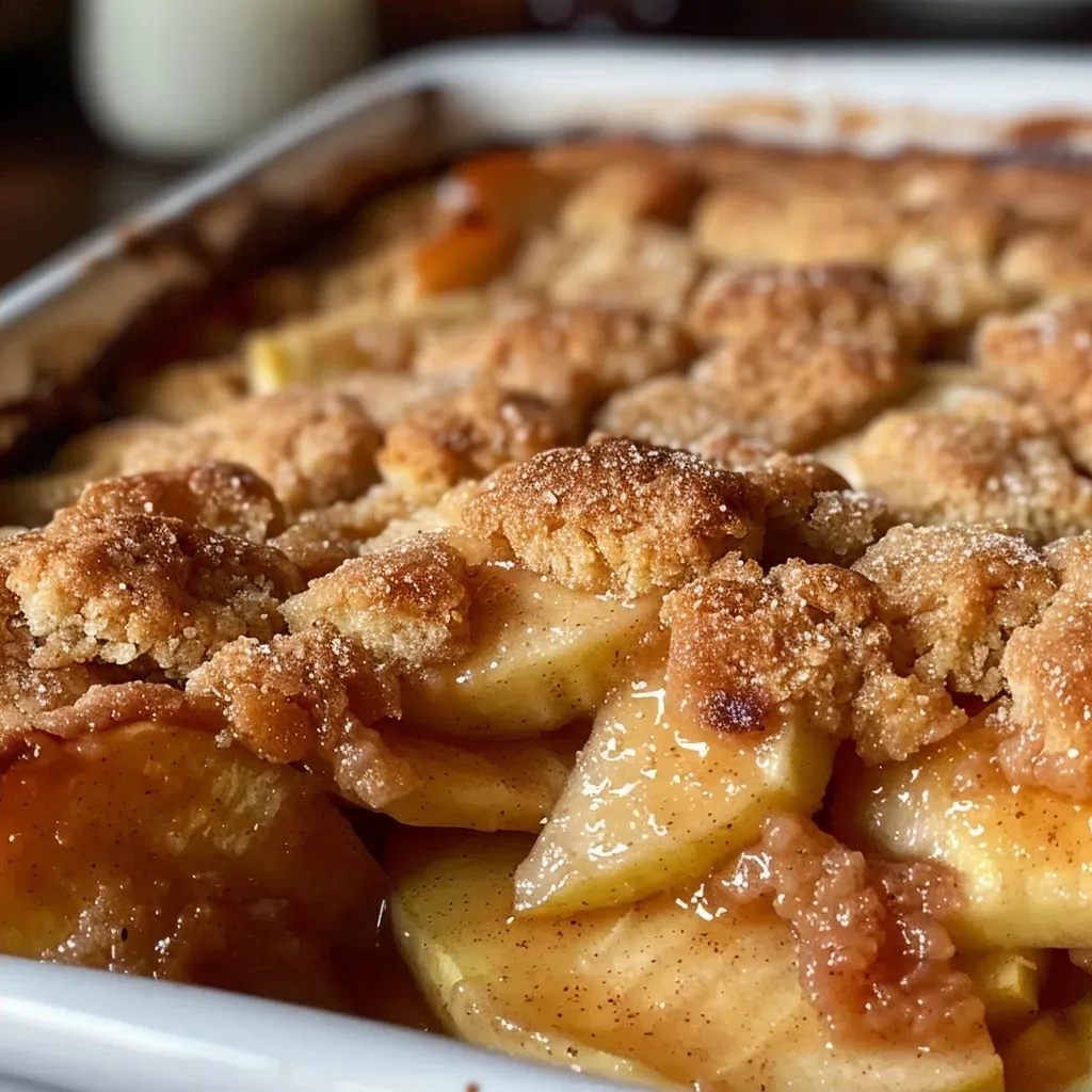 Close-up of a cinnamon apple cobbler showcasing a crispy topping and juicy apple filling.