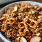 Close-up view of Cinnamon Pretzel Granola with a mix of oats and pretzels.