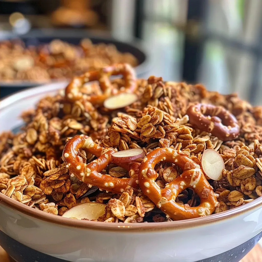 Side angle shot of crunchy Cinnamon Pretzel Granola highlighting its texture.