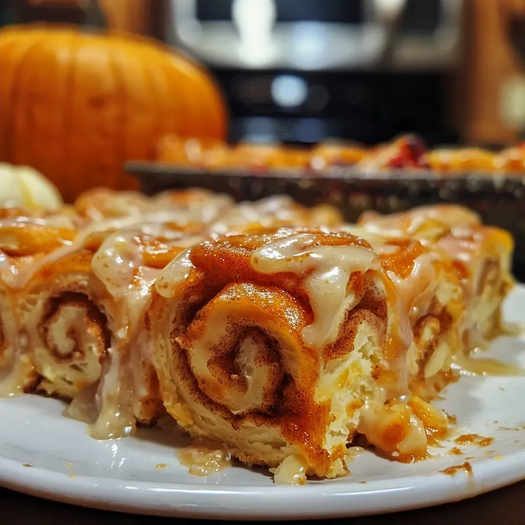 Side view of a delicious-looking Cinnamon Roll Brains Casserole, featuring pumpkin spice and red coloring.