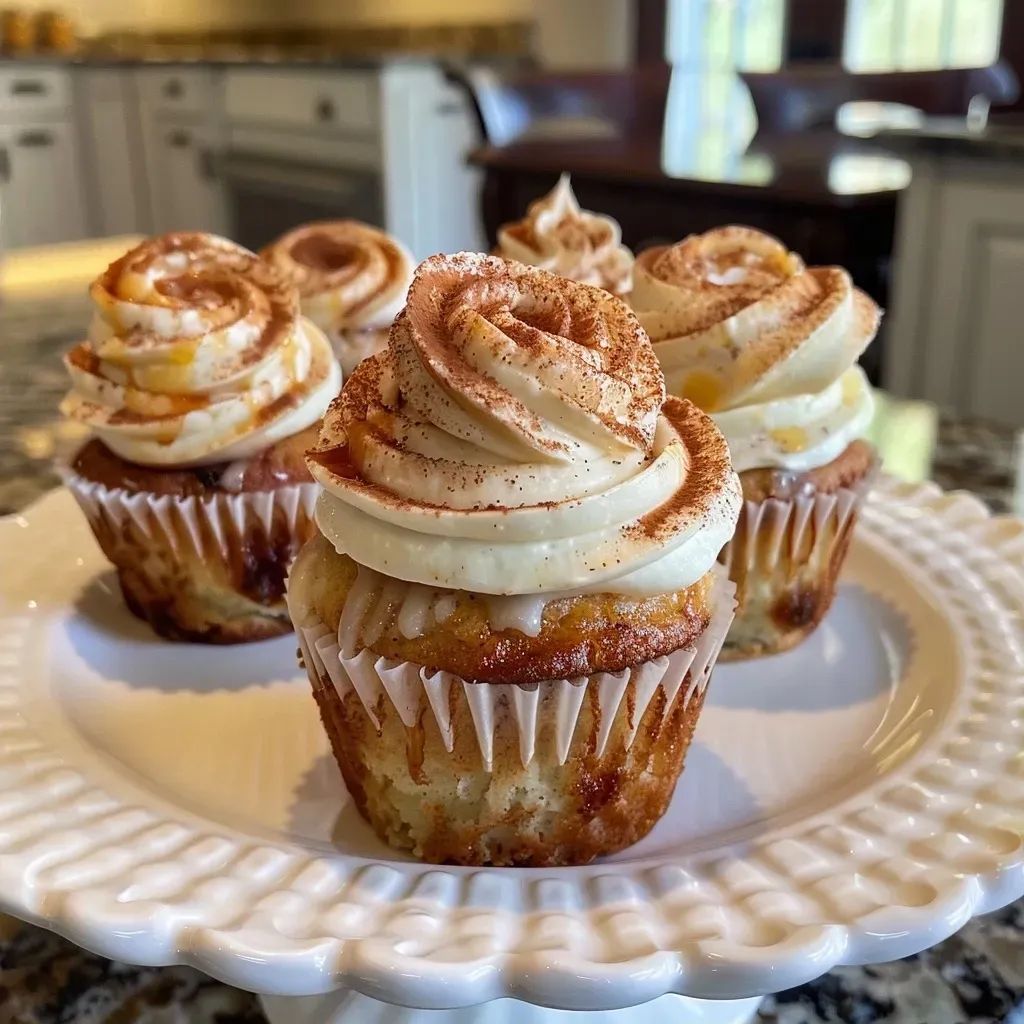Side view of moist cinnamon roll cupcakes topped with a rich cream cheese frosting.