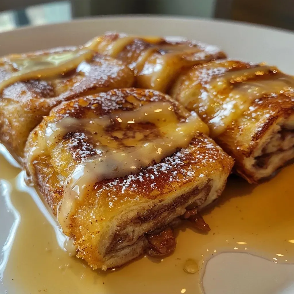 Side view of juicy, delicious Cinnamon Roll French Toast Roll-Ups drizzled with icing.