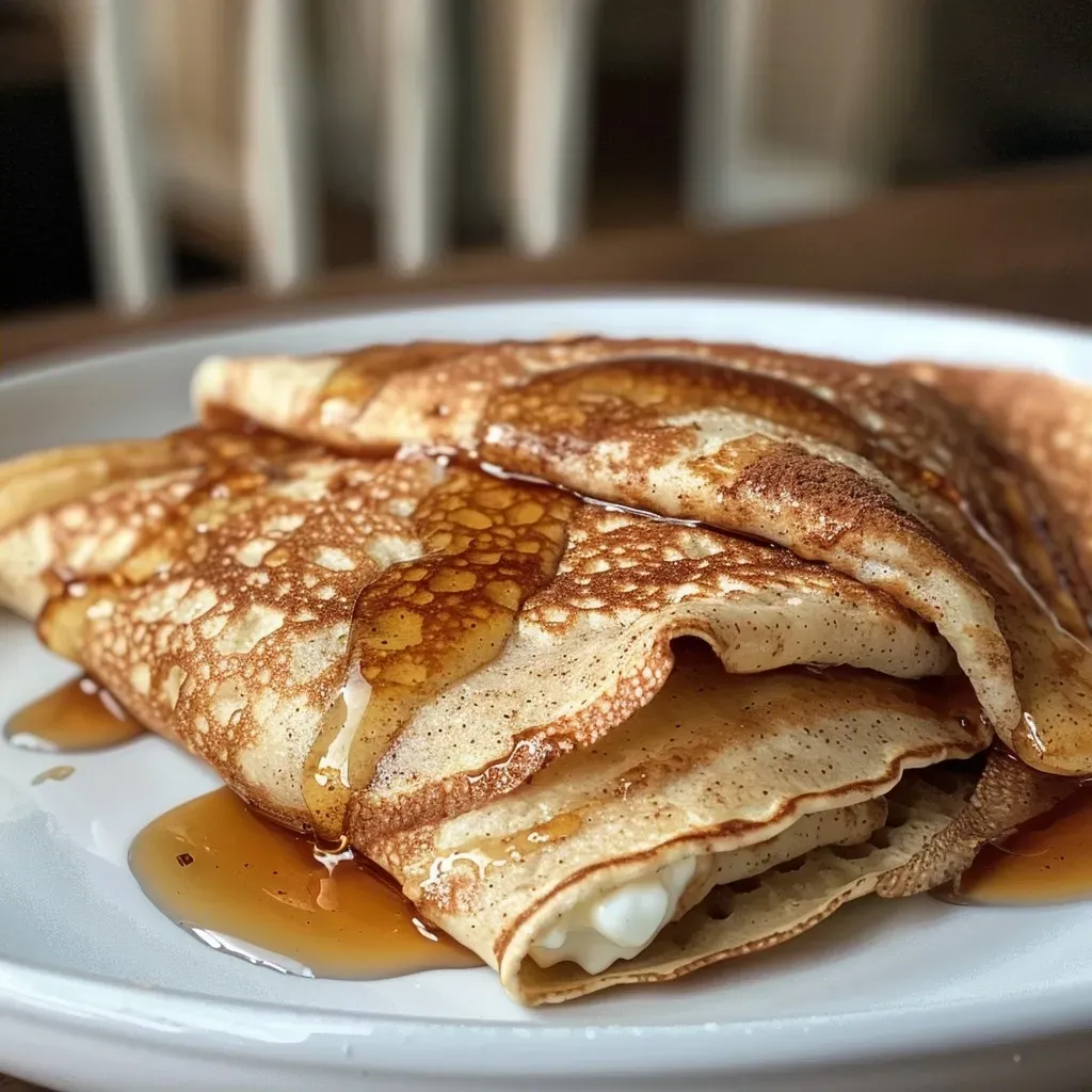 Side view of fluffy cinnamon roll protein crepes topped with a creamy glaze and cinnamon dust.