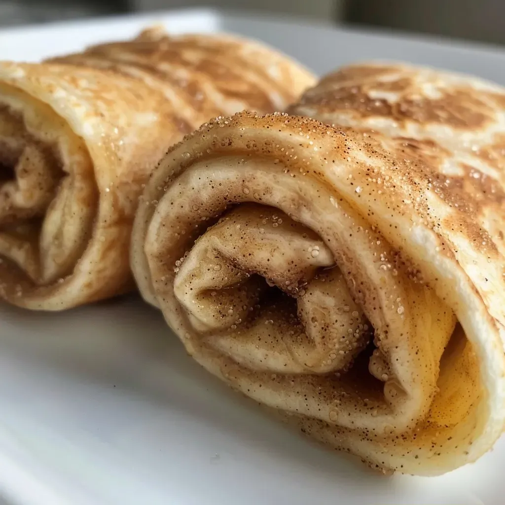 Side view of crispy tortilla roll ups sprinkled with cinnamon sugar and filled with banana.