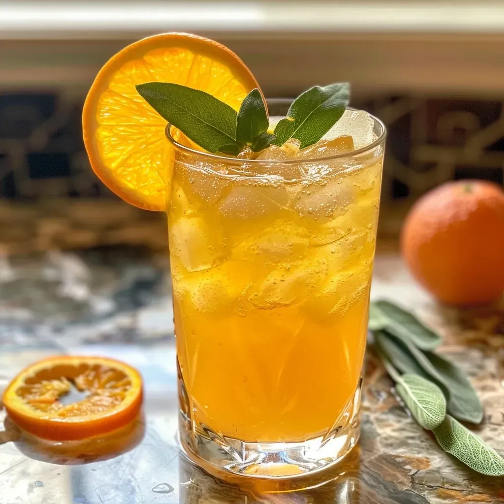 Side view of a refreshing Citrus & Sage Fizzy Mocktail with bubbles, ice, and herbal garnishes.