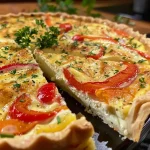 A close-up side view of a colorful pepper and Parmesan quiche, showcasing the vibrant vegetables on top.