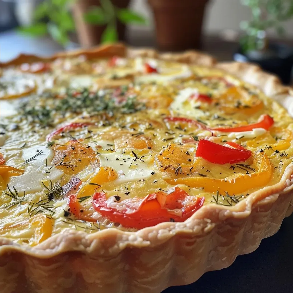 A mouthwatering side view of a quiche filled with colorful bell peppers and sprinkled with Parmesan cheese.