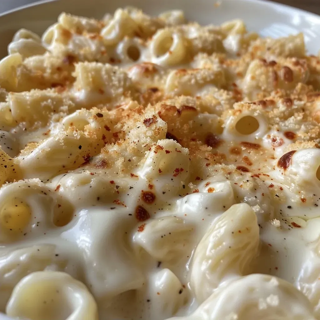 Side view of a bowl filled with cottage cheese mac n cheese, showcasing the cheese texture.