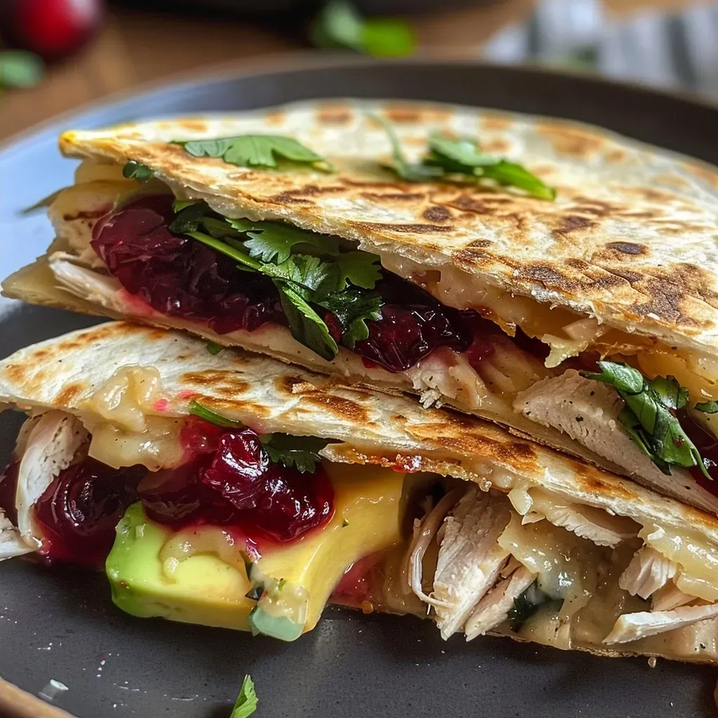 A detailed shot of a quesadilla filled with turkey, brie, and avocado, showcasing vibrant colors.