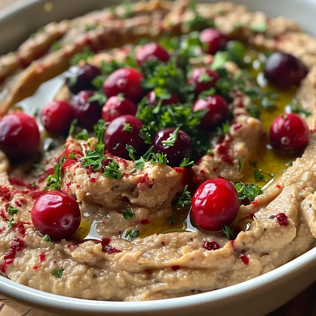 Side view of luscious cranberry hummus garnished with parsley.