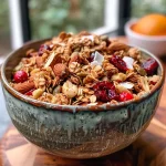 Close-up view of a bowl filled with colorful Cranberry Nut Granola.